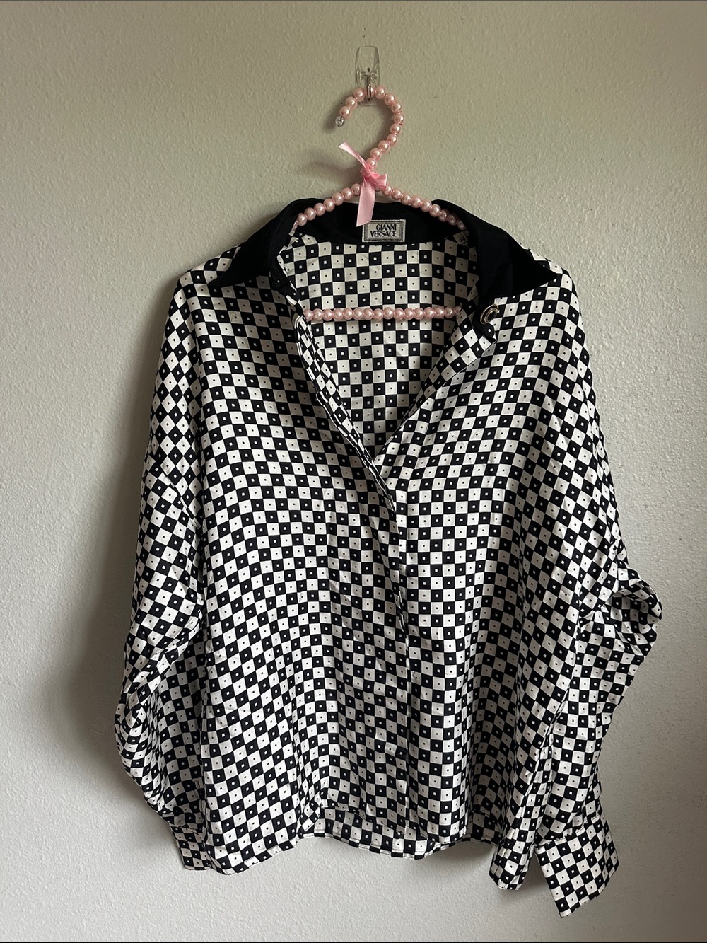 Vintage silk 80s art deco Gianni Versace Black and White Checker button down